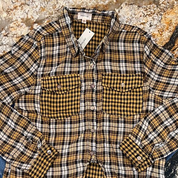 NWT Francesca's Dizzy Gal Gold/Black/White Plaid Button Down Shirt - Picture 4 of 11
